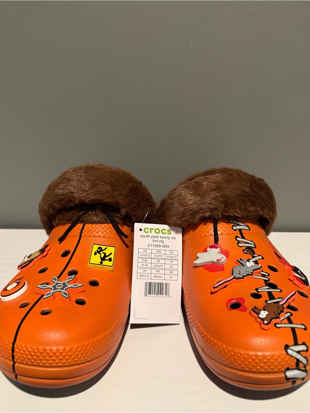 Kenny South Park Crocs Orange with brown Fur-Lined Clog with Charms
